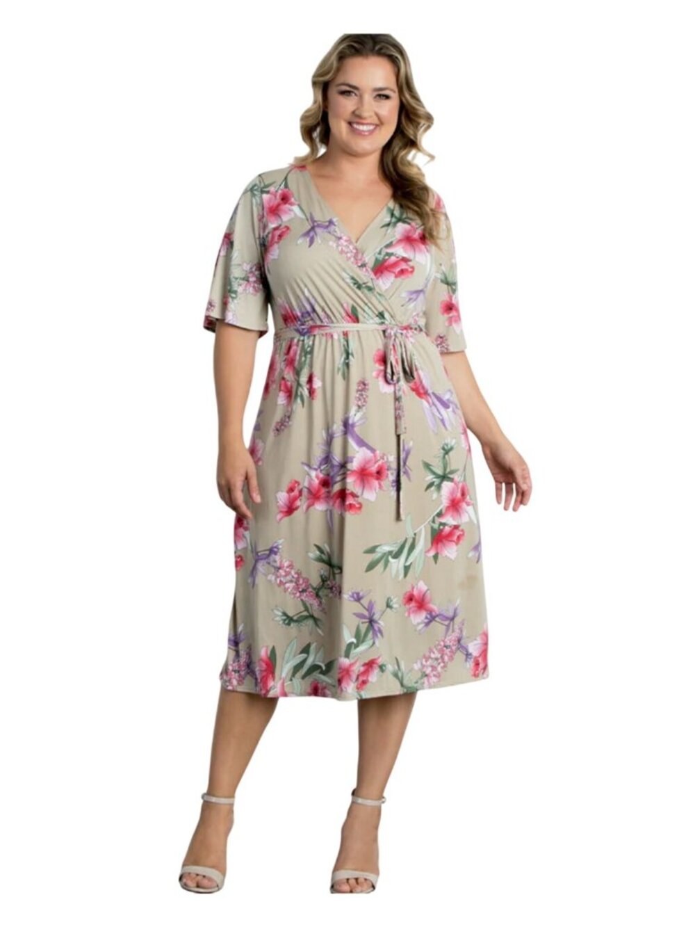 Kiyonna Melody Faux Wrap Floral V-Neck Stretch Dress Sz 3X Attached Belt